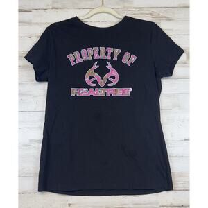 Realtree Womens TShirt Size L Black Pink Camo Lettering Logo Short Sleeve Tee
